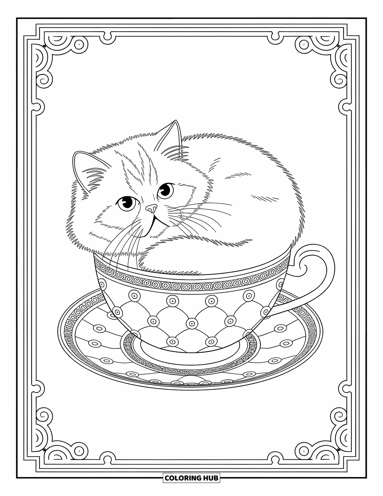 Kleurplaat Kat voor Volwassenen: Een Perzische kat rust in een ingewikkeld versierd theekopje, omringd door elegante bloemen- en wervelpatronen