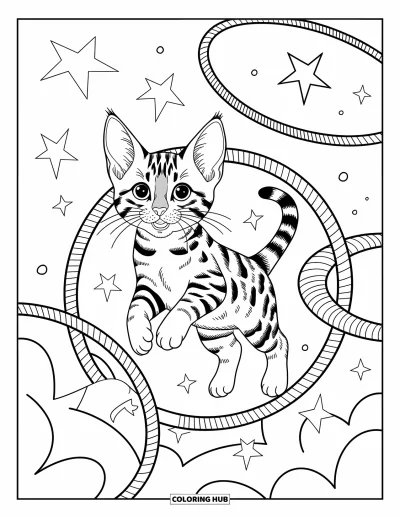 Cat Coloring Page for Adults: A playful Bengal kitten leaps through a starry hoop, surrounded by floating hoops and swirling patterns