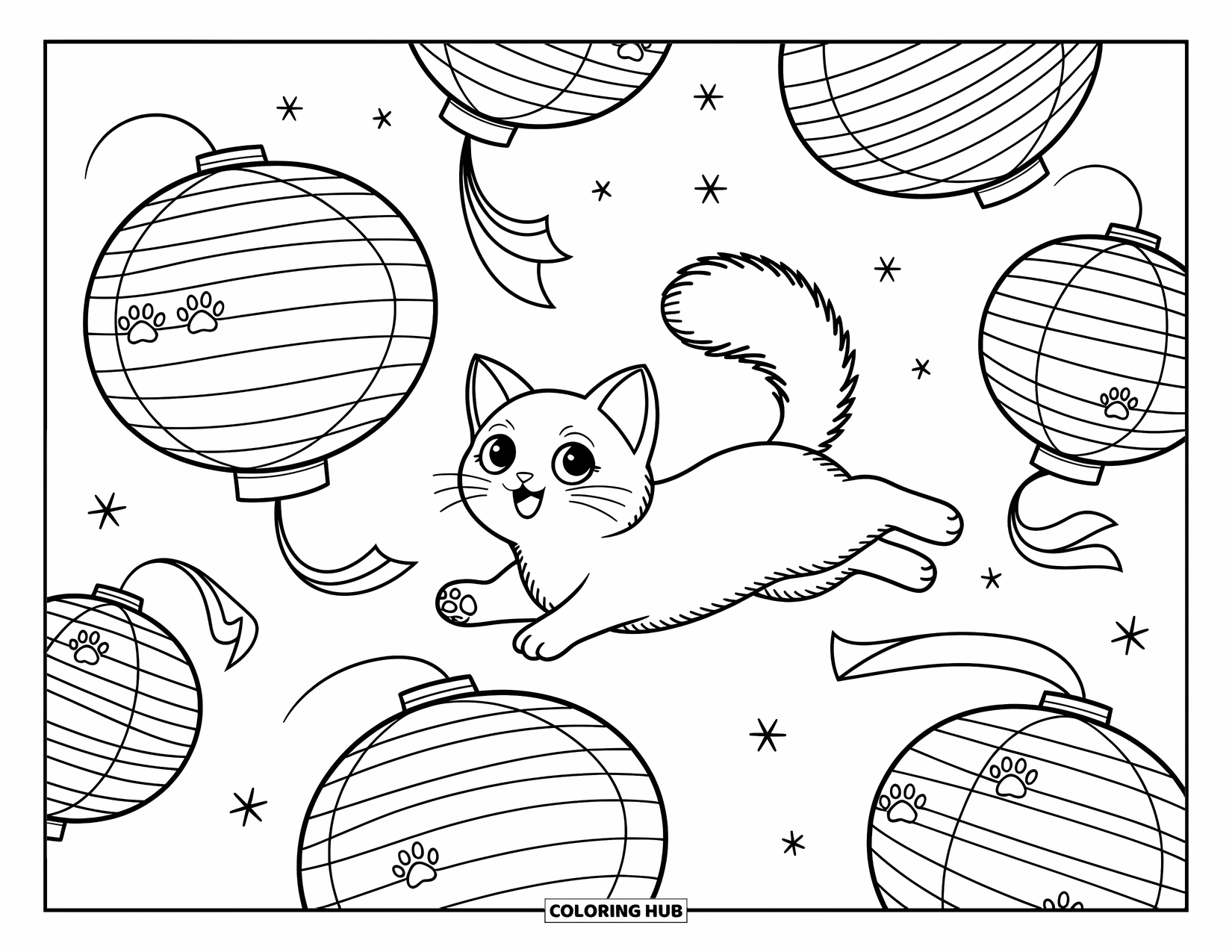 Kleurplaat Kat voor Volwassenen: Een speelse Japanse Bobtail-kat springt tussen zwevende papieren lantaarns, zijn staart zwaait van opwinding