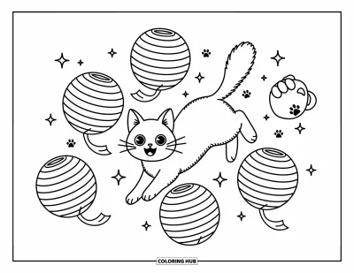 Cat Coloring Page for Adults: A playful Japanese Bobtail cat leaps between floating paper lanterns, surrounded by tiny paw prints and ribbons