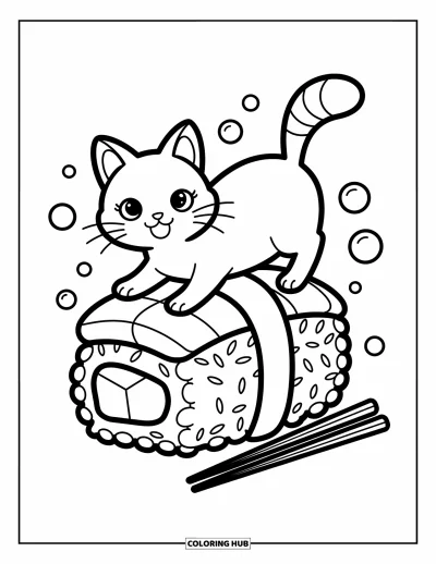 Cat Coloring Page for Adults: A playful Japanese Bobtail cat wags its tail while balancing on a giant sushi roll in a whimsical scene