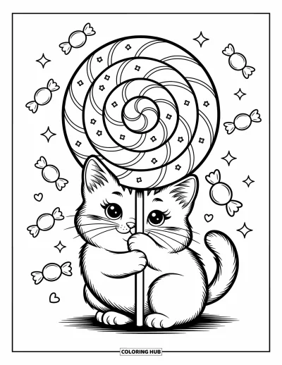 Cat Coloring Page for Adults: A playful kitten wraps its paws around a swirled lollipop, with sprinkles and candy floating nearby