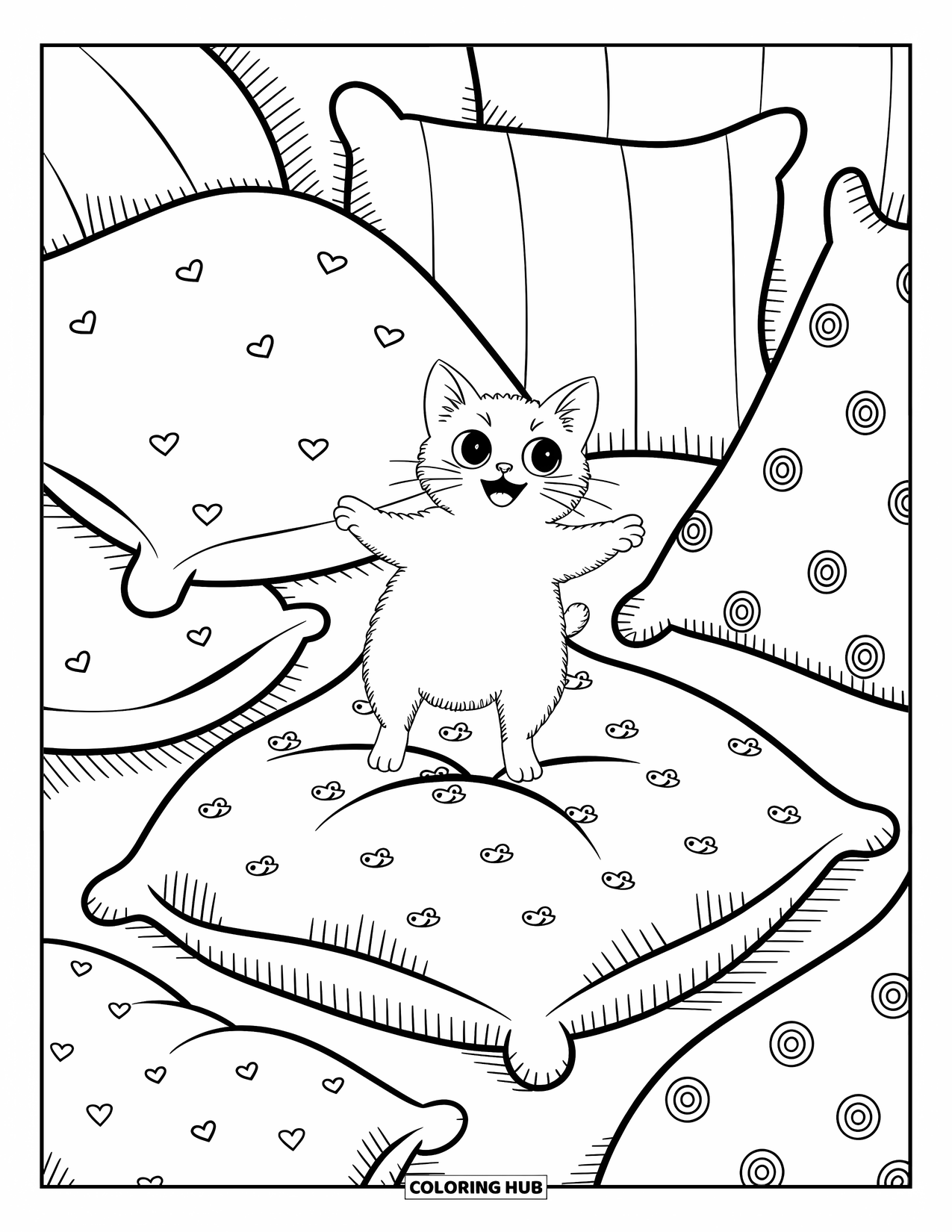 Kleurplaat Kat voor Volwassenen: Een speelse Munchkin-kat springt vrolijk op een stapel zachte kussens, omringd door gezellige kawaii-stijl patronen