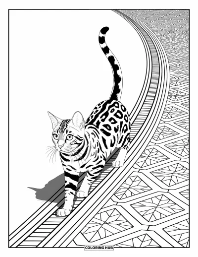 Cat Coloring Page for Adults: A poised Bengal cat moves elegantly over a mosaic pathway, surrounded by artistic and geometric designs
