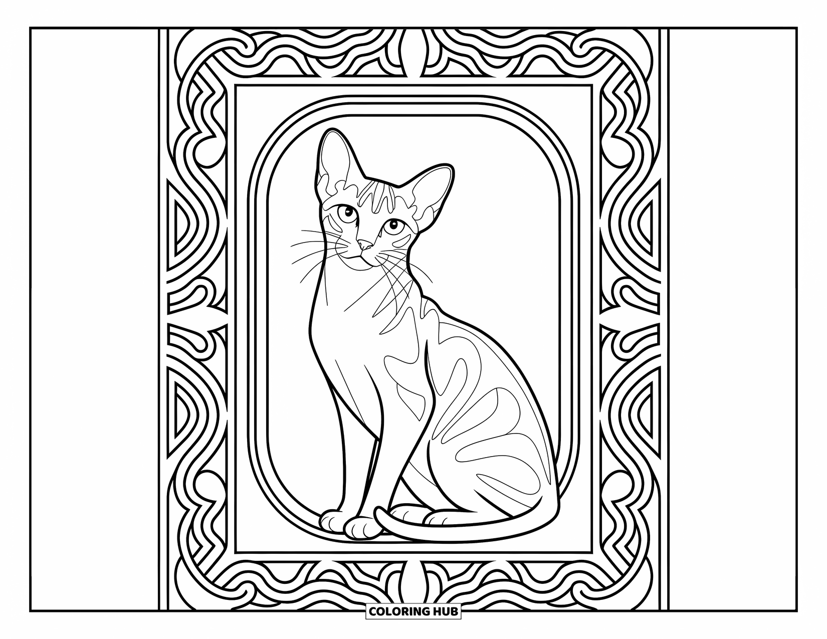 Kleurplaat Kat voor Volwassenen: Een statige Abessijnse kat zit sierlijk in een ingewikkeld Art Nouveau frame met elegante wervelende ontwerpen