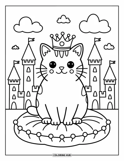 Cat Coloring Page for Adults: A regal British Shorthair cat lounges on a cushion, with castle towers and floating clouds in the background