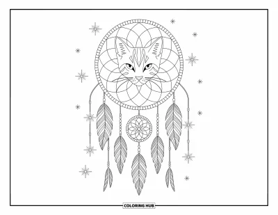 Cat Coloring Page for Adults: A regal cat, encircled by a detailed dreamcatcher, gazes with quiet intensity amid intricate patterns