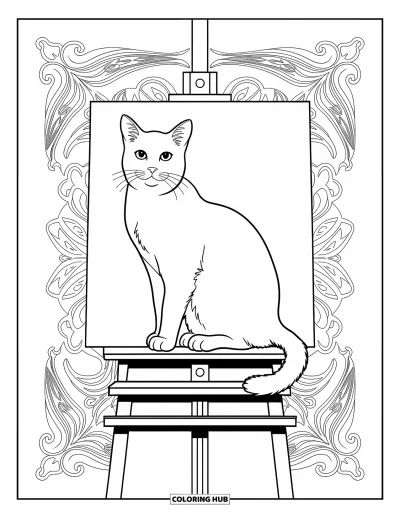 Cat Coloring Page for Adults: A regal cat perches on an artist's easel, framed by an unfinished painting and intricate patterns
