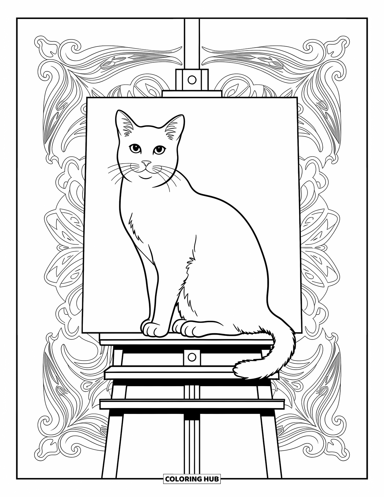 Kleurplaat Kat voor Volwassenen: Een statige kat zit op een schildersezel, omlijst door een onvoltooid schilderij en ingewikkelde patronen