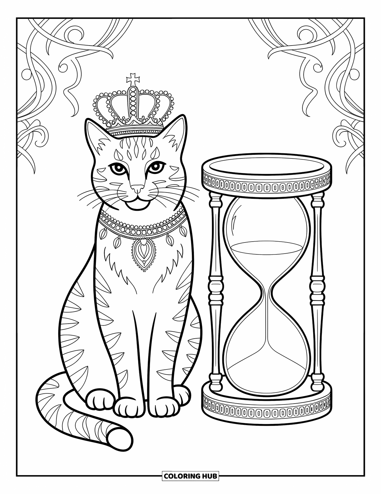 Kleurplaat Kat voor Volwassenen: Een statige kat zit naast een sierlijke zandloper, beide versierd met ingewikkelde gravures en elegante patronen
