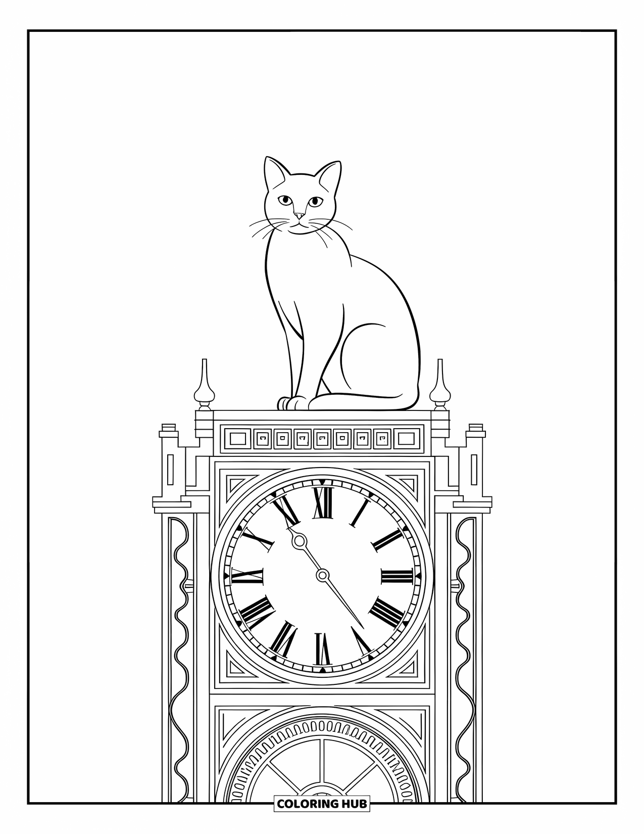 Kleurplaat Kat voor Volwassenen: Een statige kat zit op een klokkentoren, omlijst door wervelende tandwielen en ingewikkelde uurwerkontwerpen