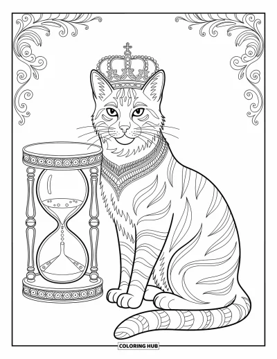 Cat Coloring Page for Adults: A regal cat with a crown lounges beside an ornate hourglass, surrounded by delicate swirling patterns