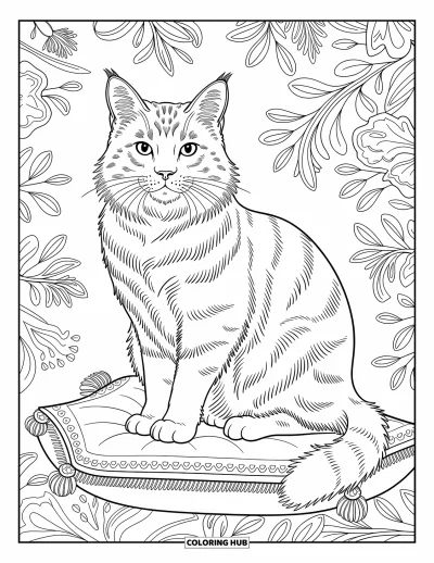 Cat Coloring Page for Adults: A regal Maine Coon lounges on a cushion adorned with intricate floral patterns and swirling designs