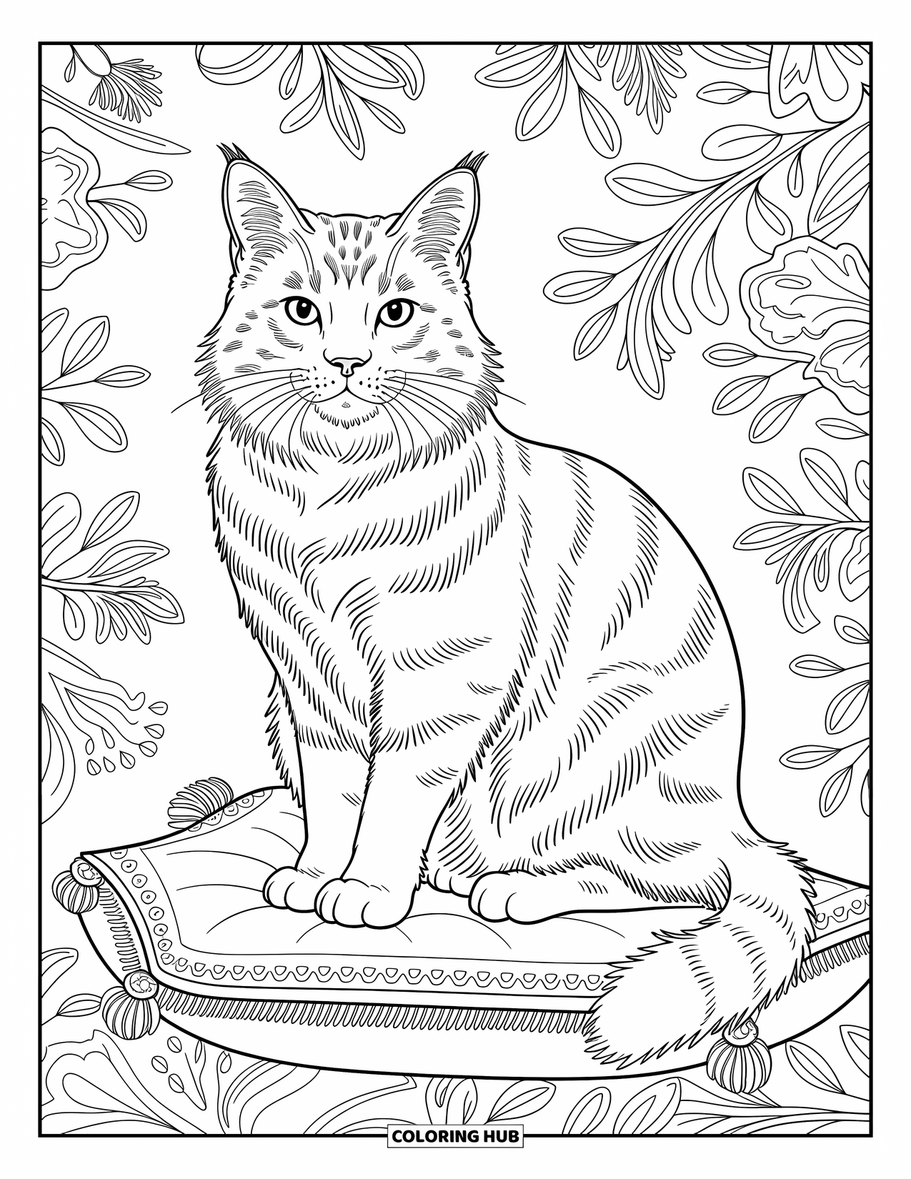 Kleurplaat Kat voor Volwassenen: Een statige Maine Coon ligt op een kussen versierd met ingewikkelde bloempatronen en wervelende ontwerpen