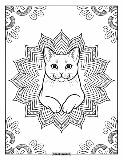 Cat Coloring Page for Adults: A Scottish Fold cat rests inside an elaborate mandala, surrounded by swirling artistic and floral elements