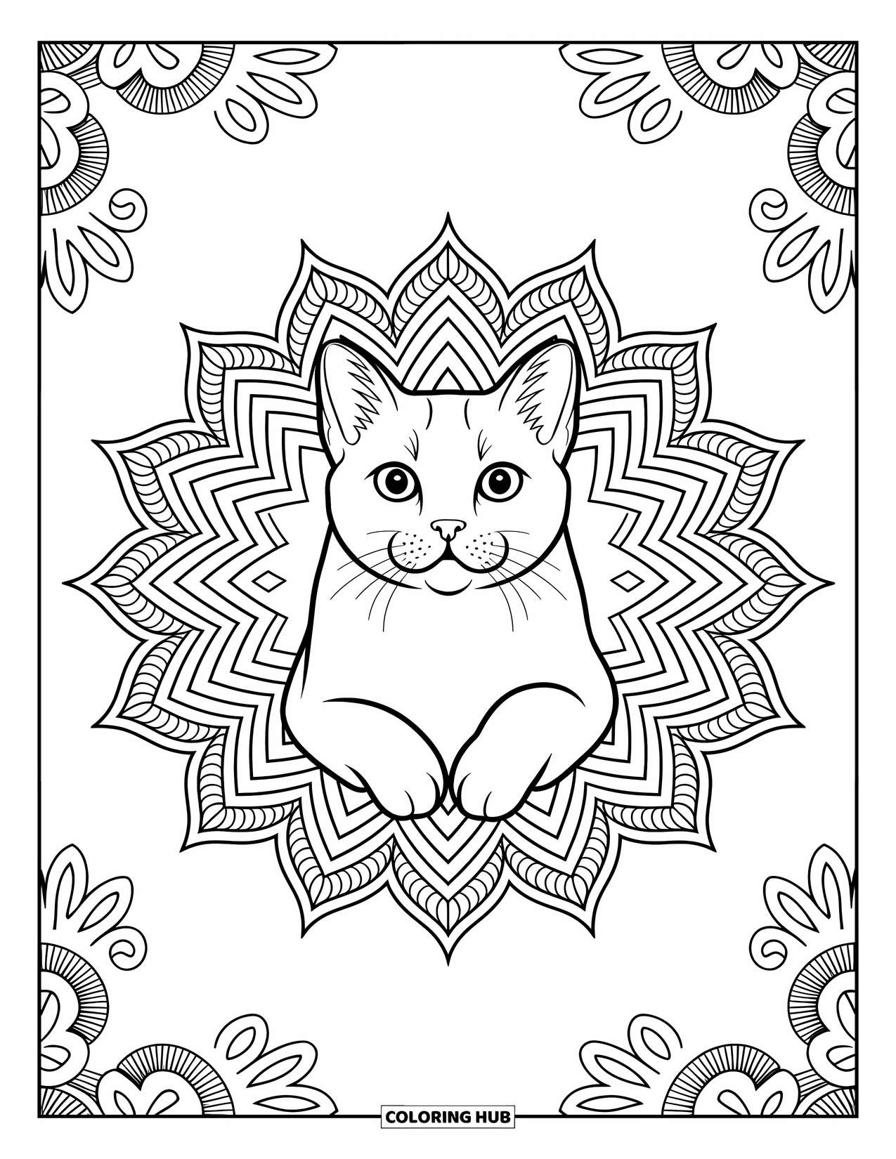 Kleurplaat Kat voor Volwassenen: Een Scottish Fold kat rust in een uitgebreide mandala, omringd door wervelende artistieke en bloemelementen