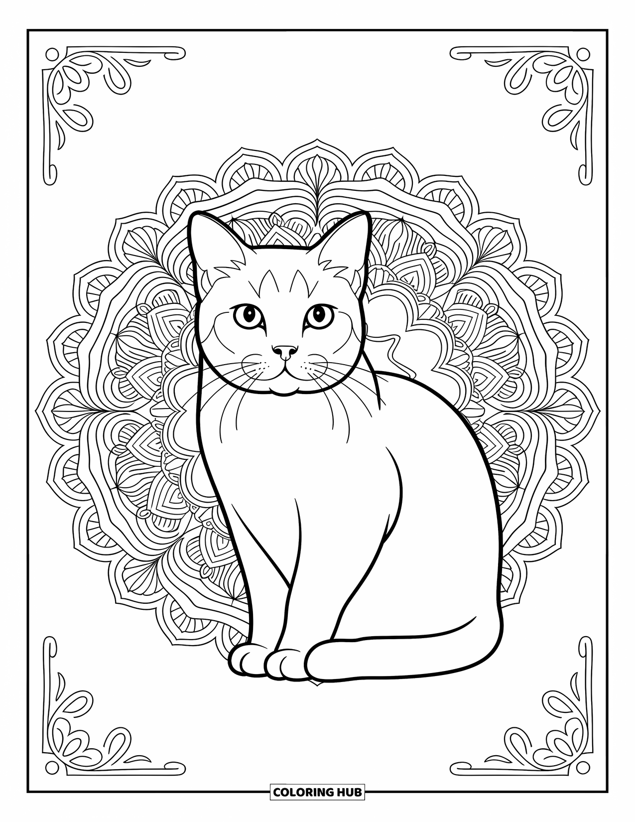 Kleurplaat Kat voor Volwassenen: Een Scottish Fold kat zit kalm in een ingewikkelde mandala, zijn zachte oren omlijst door delicate patronen