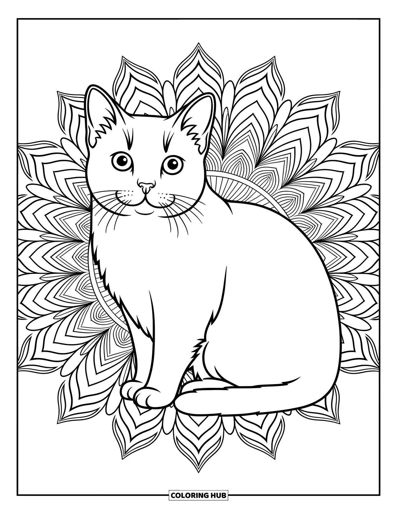 Kleurplaat Kat voor Volwassenen: Een Scottish Fold kat met zachte ogen staat centraal in een gedetailleerde mandala, omringd door sierlijke patronen