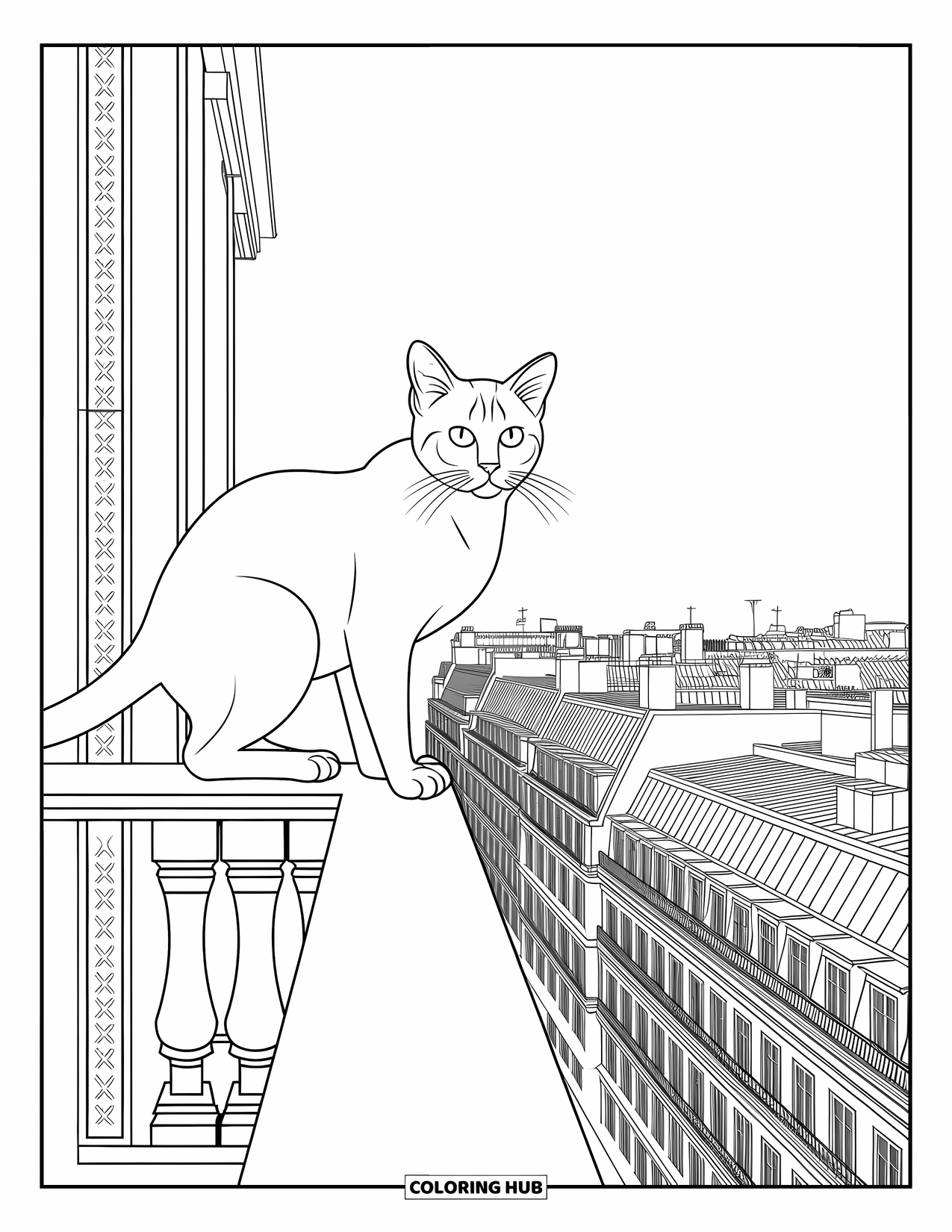Kleurplaat Kat voor Volwassenen: Een Siamese kat zit elegant op een balkon en kijkt uit over een stad vol uitgebreide architectonische details
