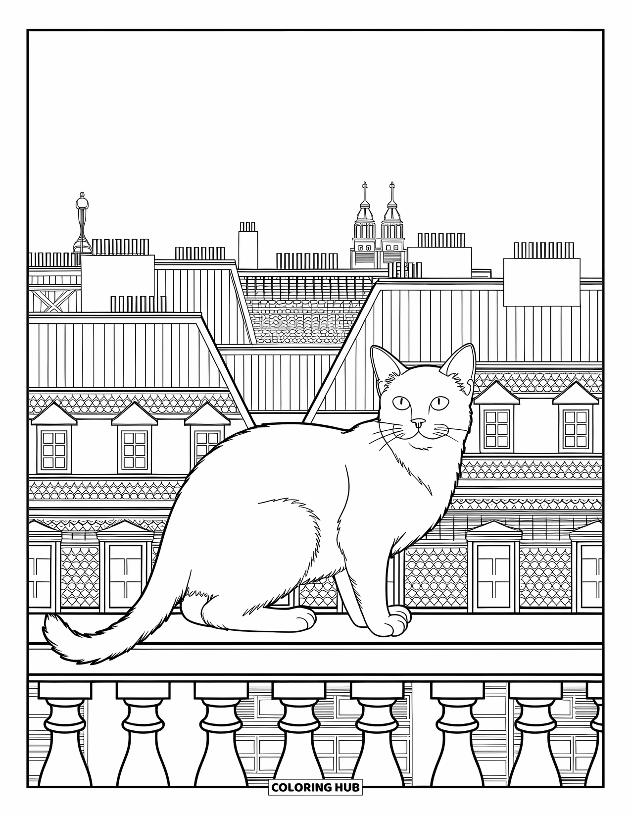 Kleurplaat Kat voor Volwassenen: Een Siamese kat zit op een balkonreling en kijkt uit over een stadsbeeld vol uitgebreide daken en details