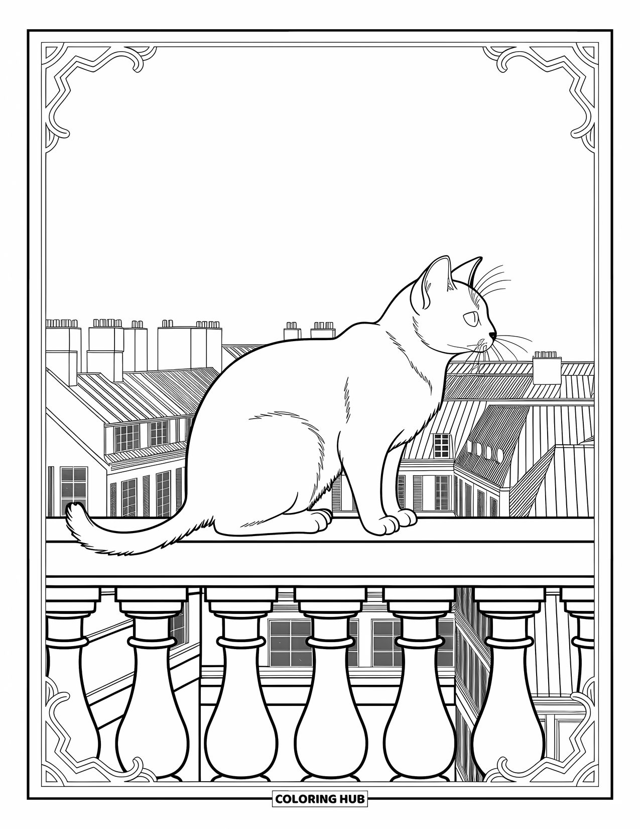 Kleurplaat Kat voor Volwassenen: Een Siamese kat staat sierlijk op een balkonreling en kijkt uit over een stadsbeeld van ingewikkelde daken