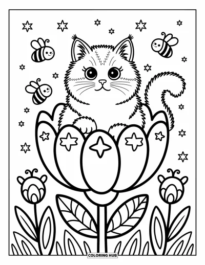 Cat Coloring Page for Adults: A Siberian cat relaxes inside a giant flower, with tiny butterflies and starry patterns decorating the petals