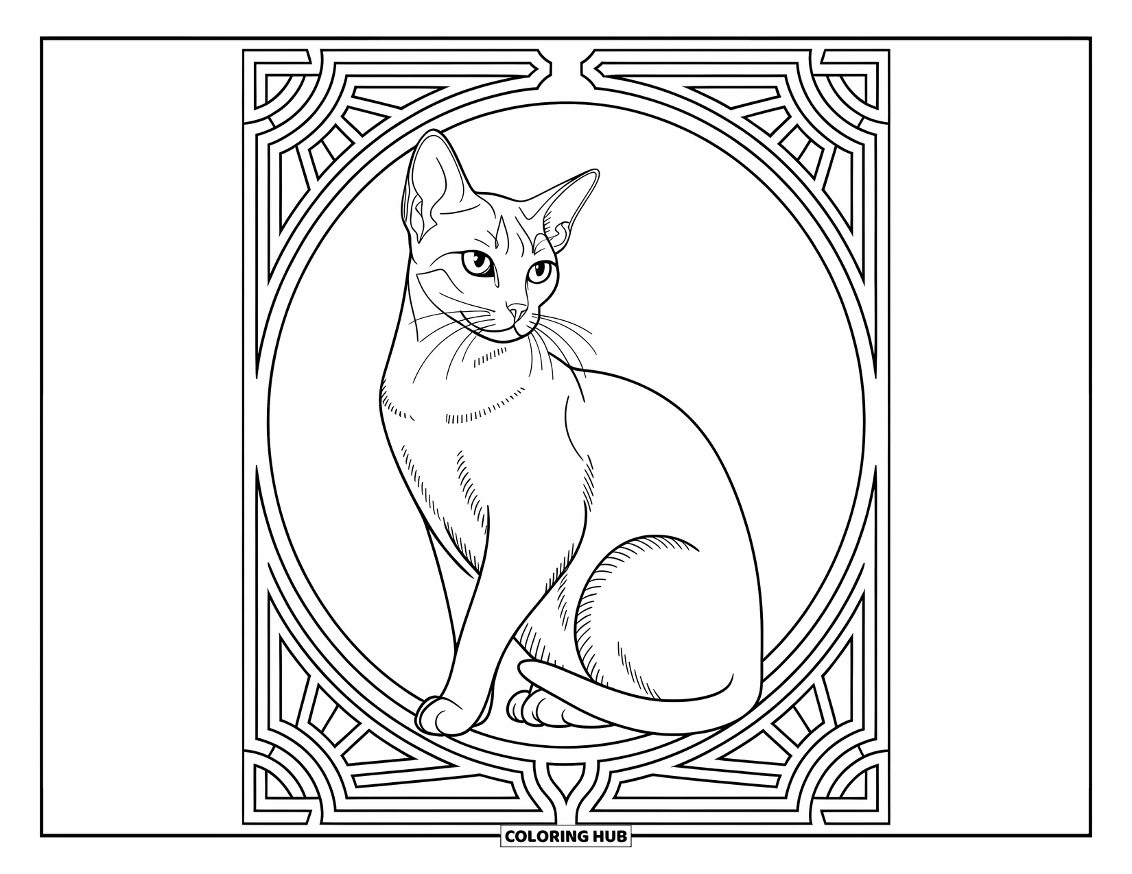 Kleurplaat Kat voor Volwassenen: Een slanke Abessijnse kat poseert elegant in een sierlijk Art Nouveau frame, omringd door vloeiende patronen
