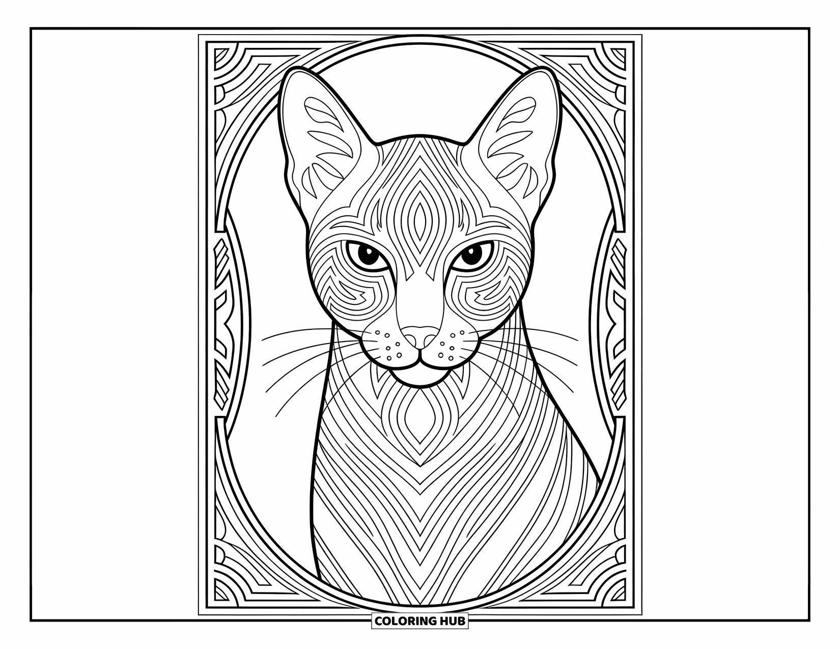 Kleurplaat Kat voor Volwassenen: Een slanke kat met boeiende ogen rust in een gedetailleerde dromenvanger, omringd door elegante patronen
