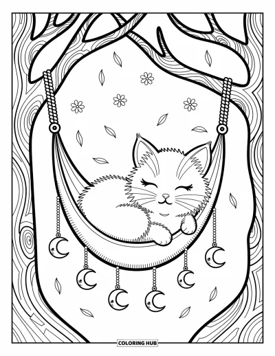 Cat Coloring Page for Adults: A sleepy Ragamuffin cat rests in a hammock, swaying between tree branches with tiny hanging charms