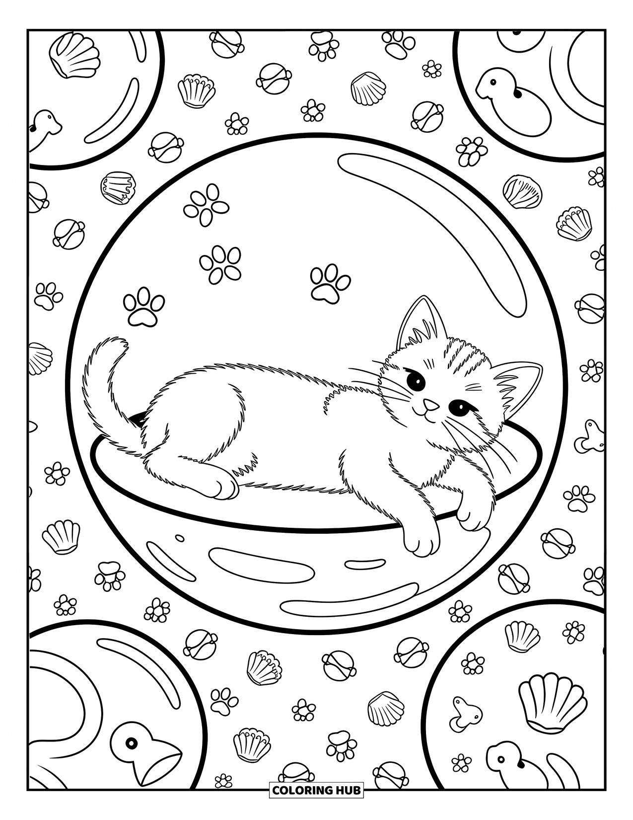 Kleurplaat Kat voor Volwassenen: Een kleine kitten drijft in een grote bubbel, omringd door miniatuurbubbels met grillige patronen