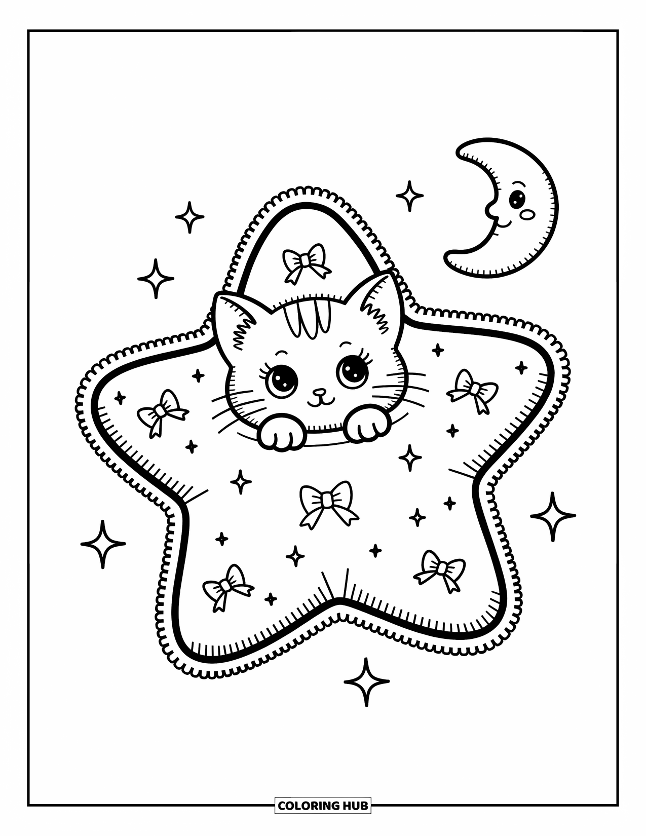 Kleurplaat Kat voor Volwassenen: Een klein kitten piept uit een pluizig stervormig kussen, omringd door dromerige glitters en zachte randen