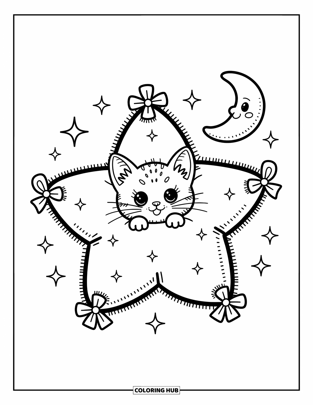Kleurplaat Kat voor Volwassenen: Een kleine kitten rust in een stervormig kussen, omringd door zachte glitters en een zwevend maanpluche