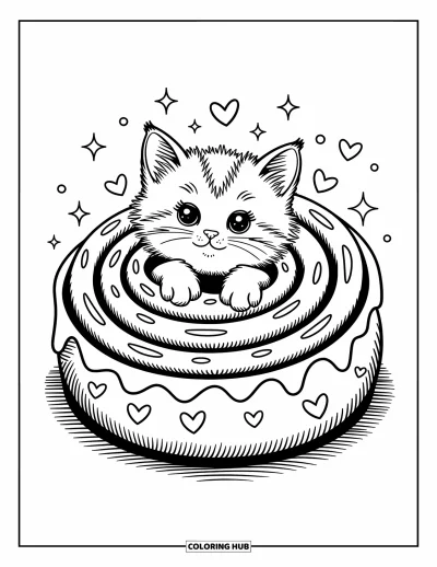 Cat Coloring Page for Adults: A tiny kitten snuggles into the spiral of a cinnamon roll, with heart patterns and sugar-like sparkles