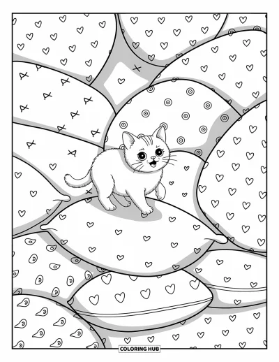 Cat Coloring Page for Adults: A tiny Munchkin cat bounces on a stack of oversized plush pillows, decorated with cute fish and heart patterns