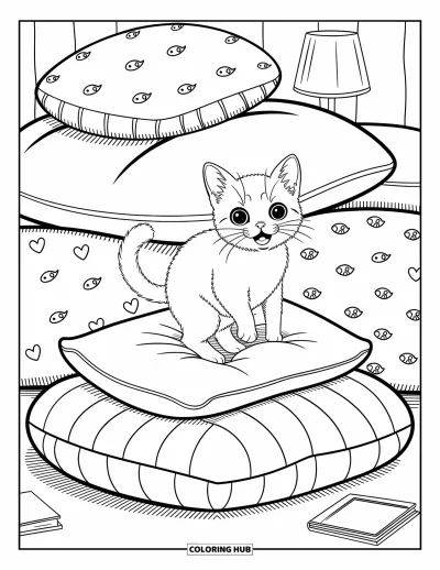Cat Coloring Page for Adults: A tiny Munchkin cat hops across fluffy pillows, each adorned with cute swirls, hearts, and tiny fish doodles