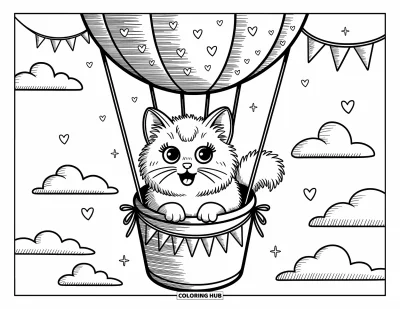 Cat Coloring Page for Adults: A Turkish Angora cat enjoys a ride in a decorated hot air balloon, floating above soft, puffy clouds