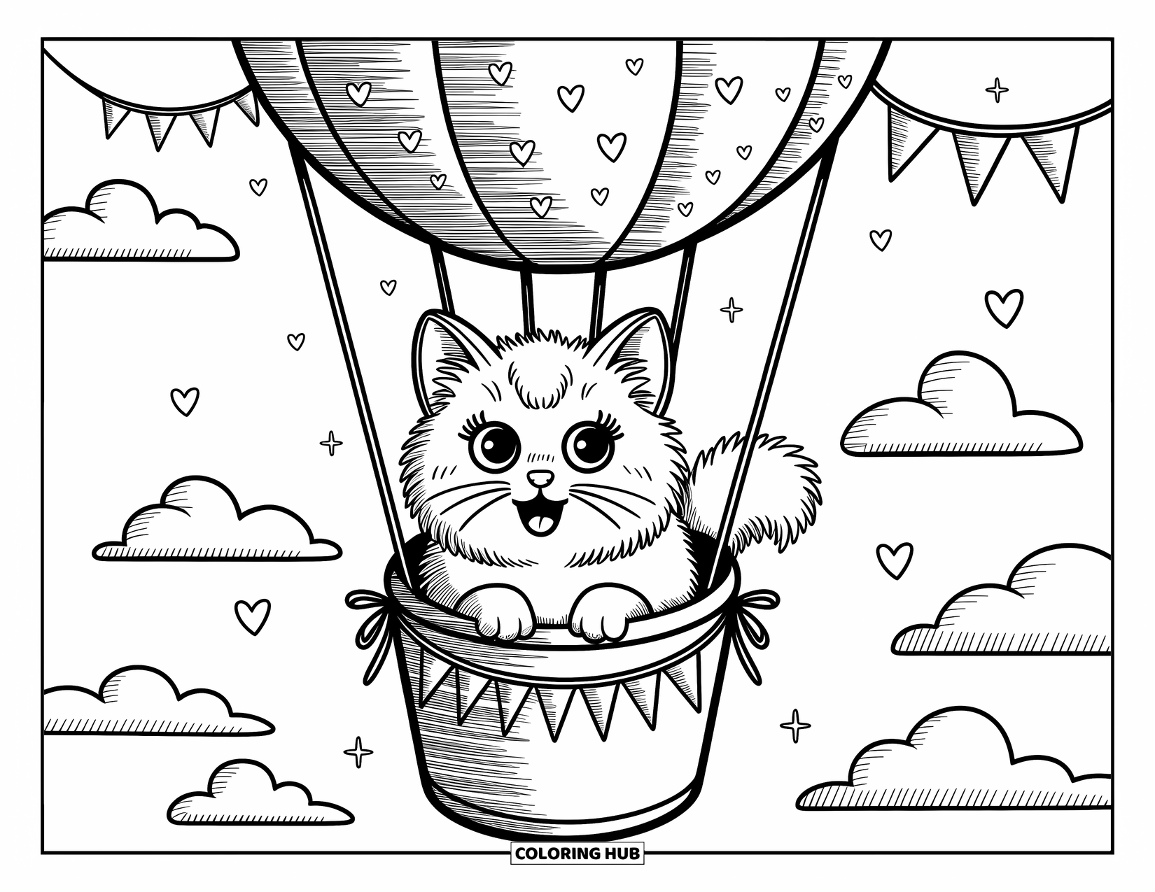 Kleurplaat Kat voor Volwassenen: Een Turkse Angora kat geniet van een ritje in een versierde luchtballon, zwevend boven zachte, donzige wolken