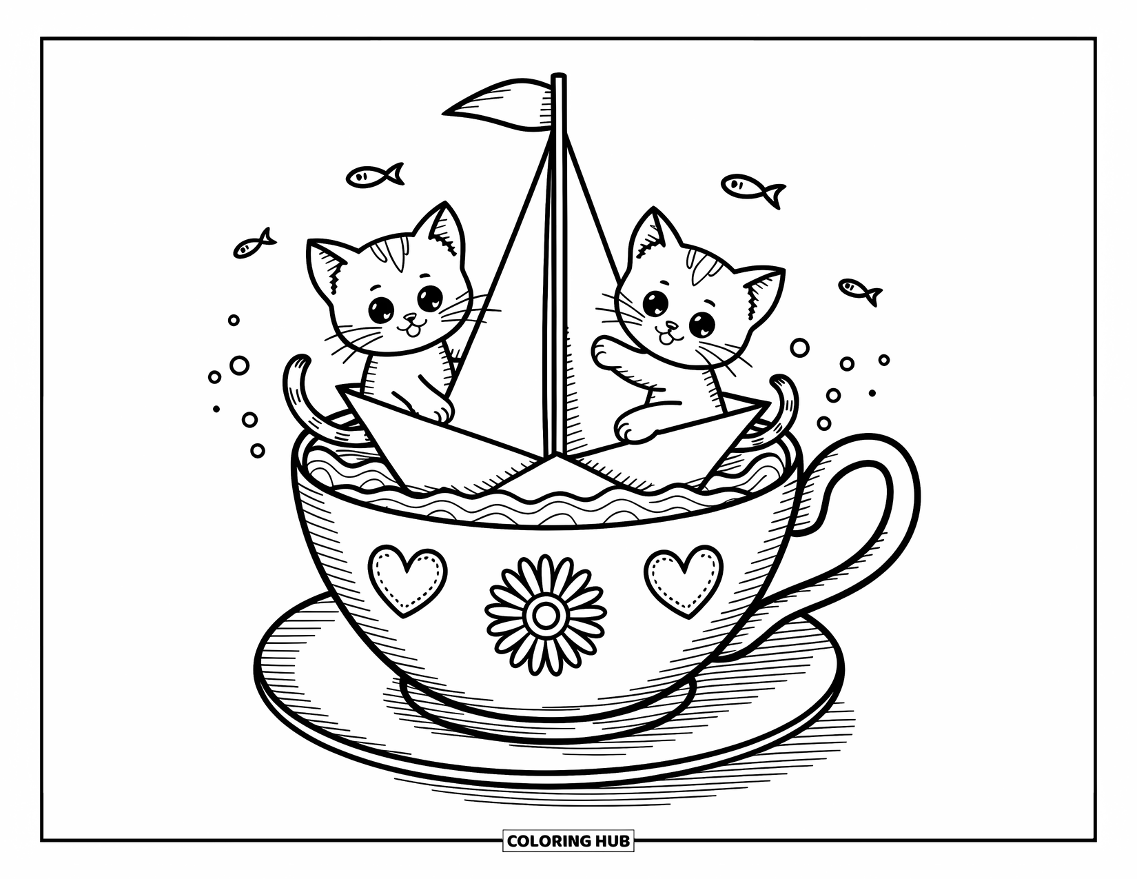 Kleurplaat Kat voor Volwassenen: Twee kittens drijven in een papieren zeilboot in een theekopje, omringd door kleine hart- en bloempatronen