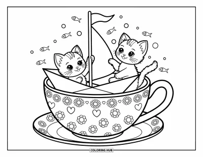 Cat Coloring Page for Adults: Two kittens sail inside a teacup, one curiously holding the sail while the other peers over the rim