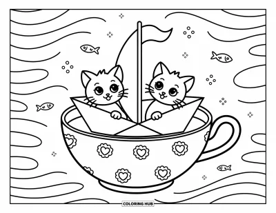 Cat Coloring Page for Adults: Two tiny cats float in a paper boat inside a teacup, surrounded by gentle waves and playful bubbles
