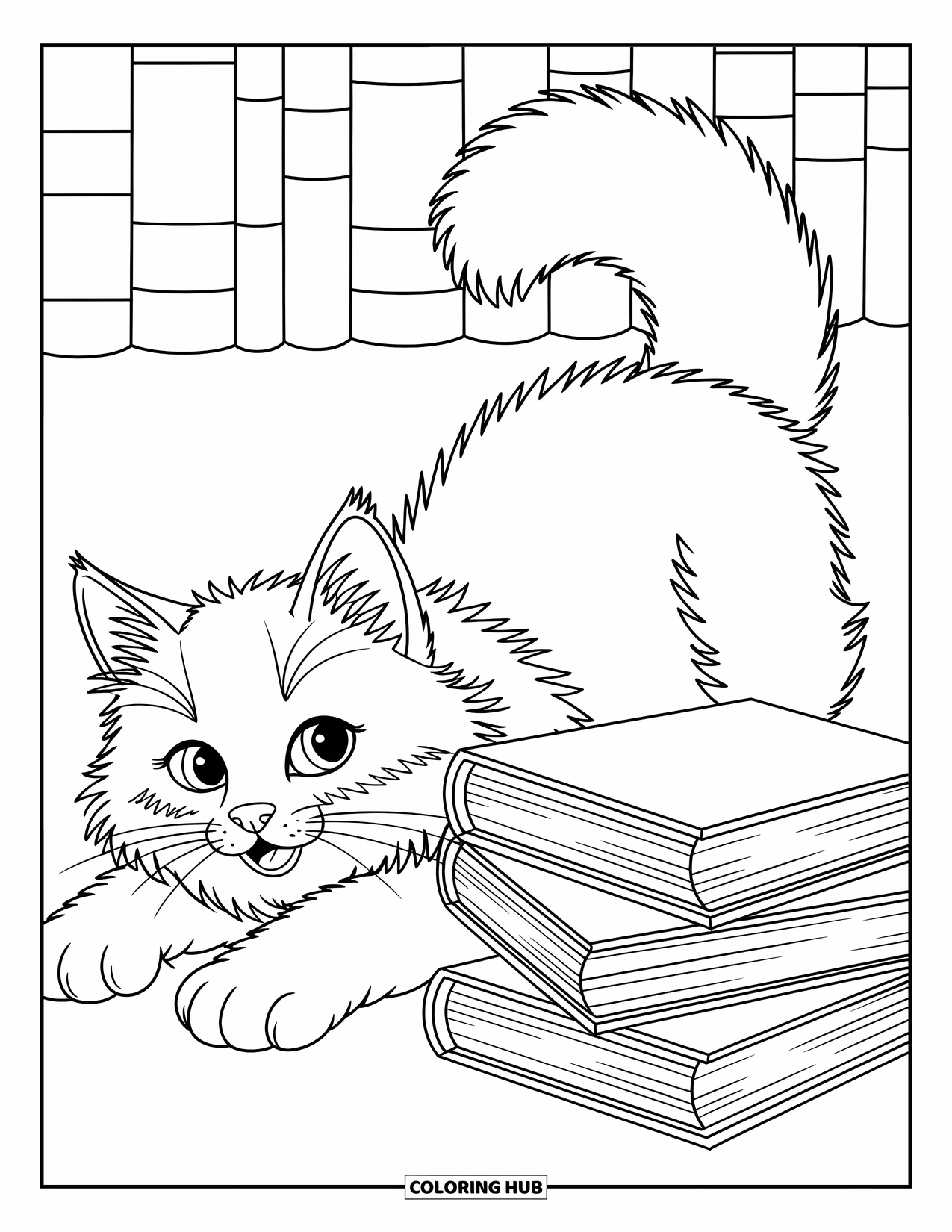 Kleurplaat Kat voor Kinderen: Een kat rekt zich speels uit naast een stapel boeken, zijn poten reiken naar denkbeeldige sterren