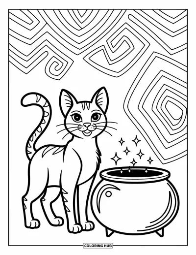 Cat Coloring Page for Kids: A cat with a playful tail stands by a cauldron, surrounded by swirling patterns and bold details