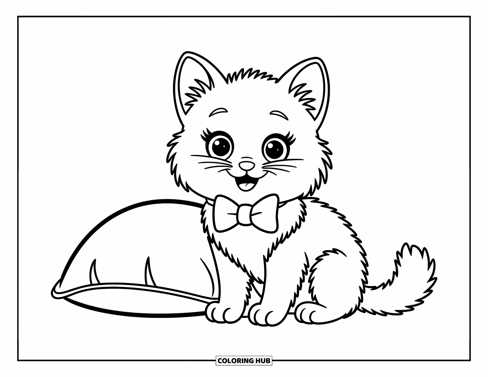Kleurplaat Kat voor Kinderen: Een vrolijke kat met een vlinderdas rust naast een zacht kussen, zijn ogen vol kattenkwaad