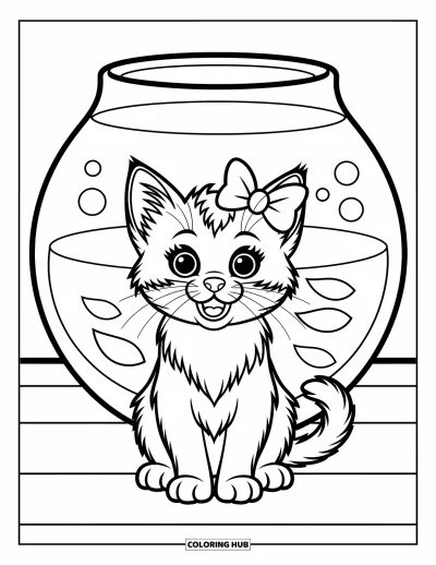 Cat Coloring Page for Kids: A cheerful kitten with a bow sits before a fishbowl, its expression filled with curiosity