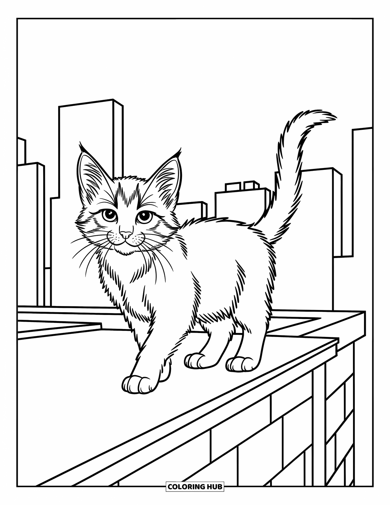 Kleurplaat Kat voor Kinderen: Een zelfverzekerd kitten wandelt over een dak, omlijst door subtiele skyline-elementen en gedurfde contouren