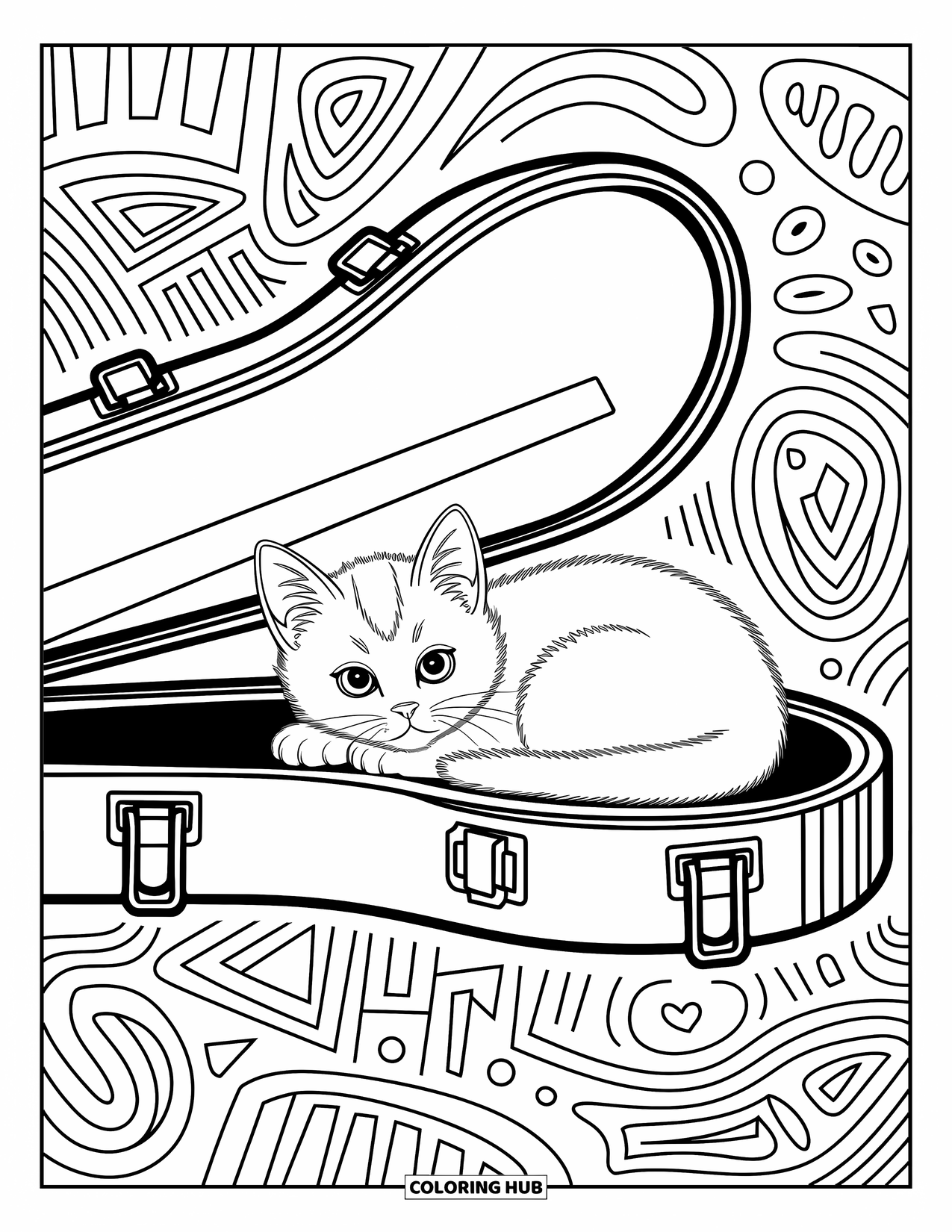 Kleurplaat Kat voor Kinderen: Een gezellige kitten rust in een vioolkist, met zwevende muzieknoten die een grillige toets toevoegen