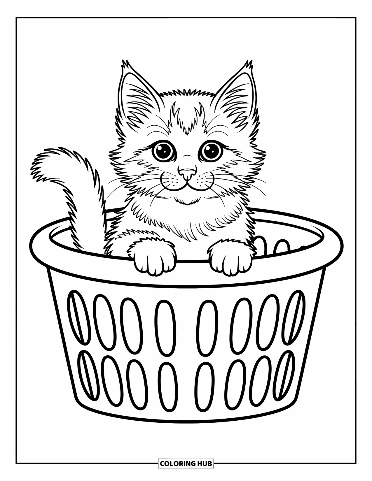 Kleurplaat Kat voor Kinderen: Een gezellige kitten kruipt in een theekopje, zijn kleine oren steken uit
