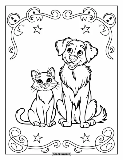 Cat Coloring Page for Kids: A curious cat and a friendly dog sit side by side, their expressive faces full of wonder