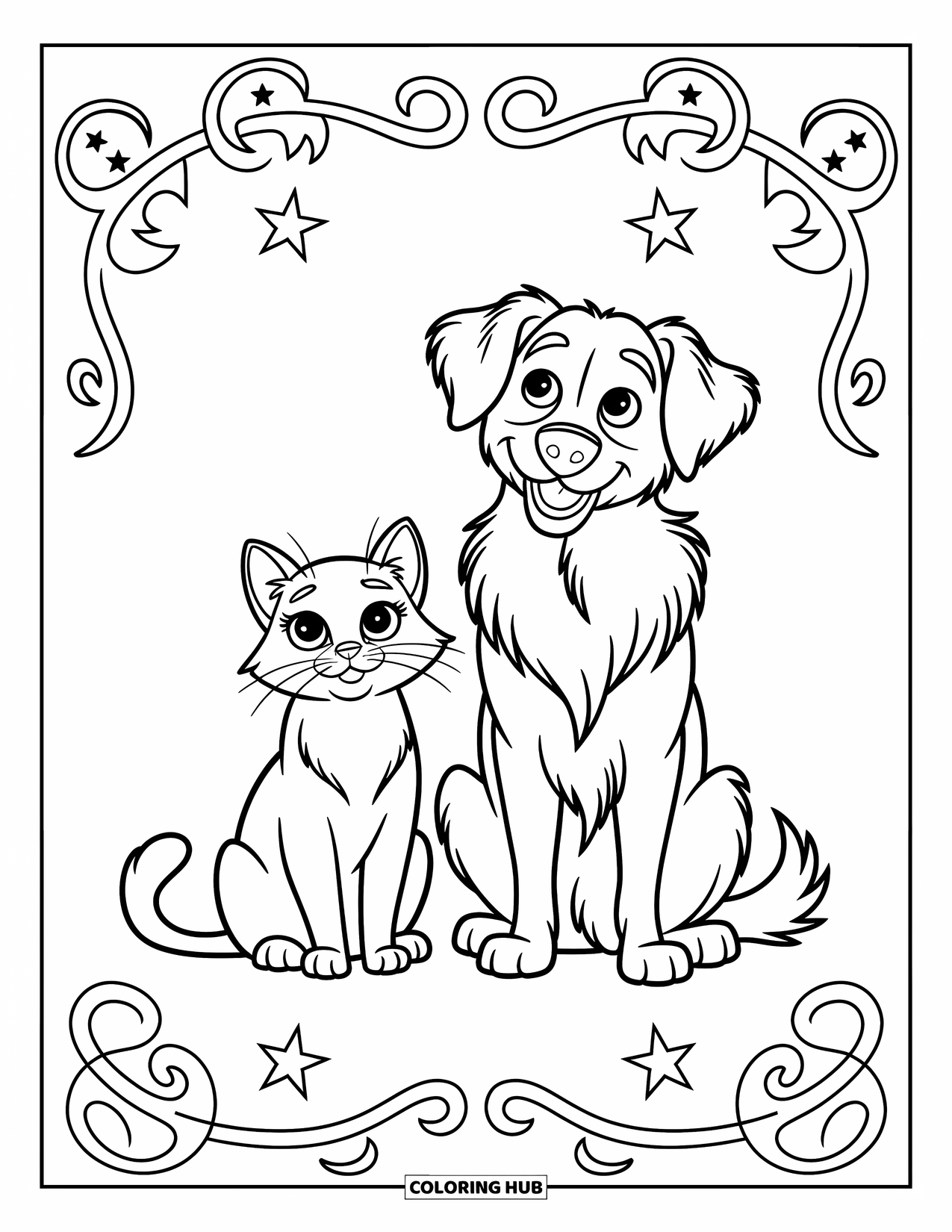 Kleurplaat Kat voor Kinderen: Een nieuwsgierige kat en een vriendelijke hond zitten naast elkaar, hun expressieve gezichten vol verwondering
