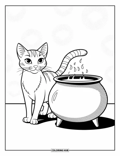 Cat Coloring Page for Kids: A curious cat flicks its tail beside a bubbling cauldron, framed by intricate, expressive designs
